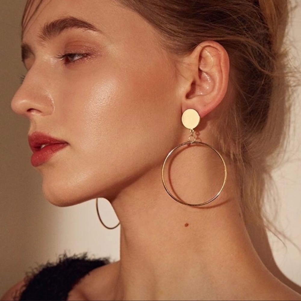 NEW Gold Long Hollow Round Drop Hoop Earrings